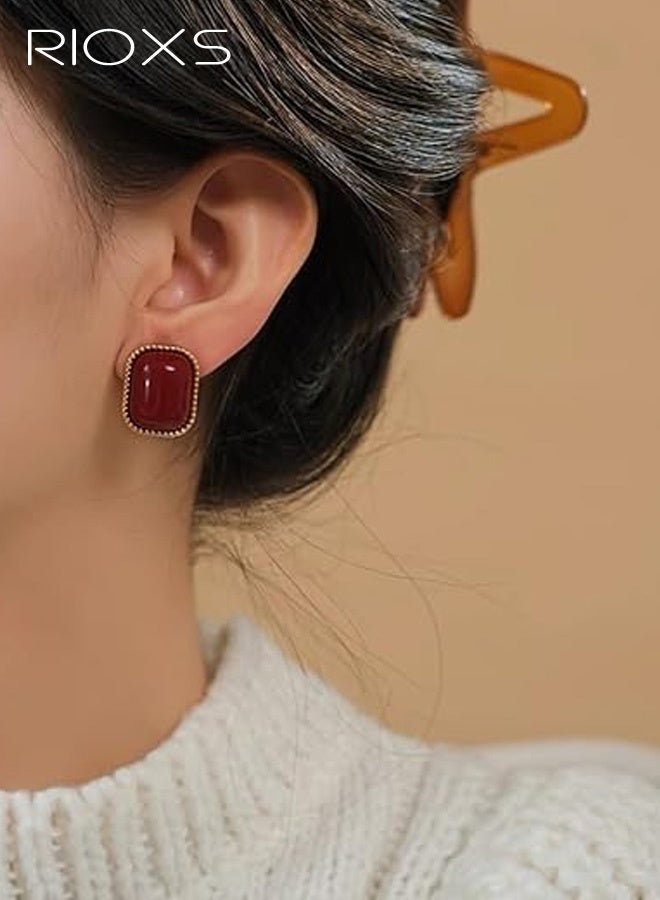 RIOXS Women's Vintage Rectangular Earrings, Hypoallergenic 925 Sterling Silver Studs Gold-rimmed Eye-Catching Jewelry Elegant, Perfect for Fall Fashion Accessories, Gifts, Parties, Anniversaries, Dating, Red - Image 2